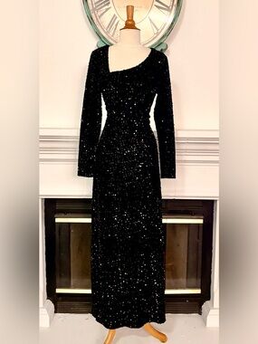 Black Sequin Long-Sleeve Evening Gown